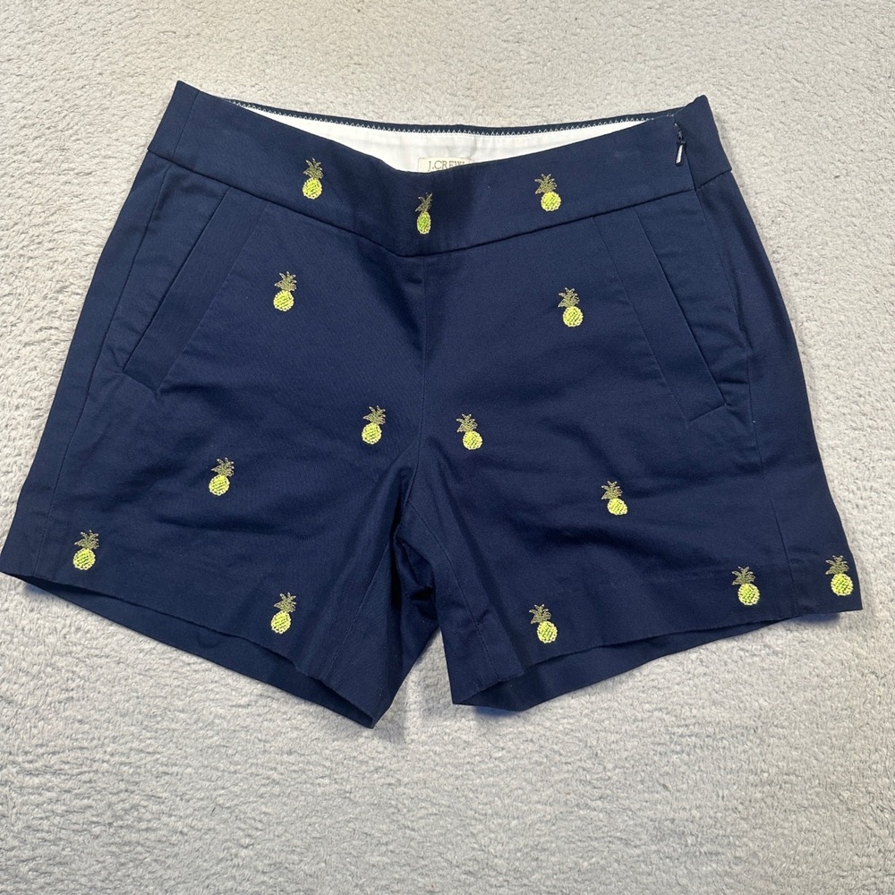 J.Crew‎ Pineapple Embroidered Shorts Womens 00 Navy Blue Chino Tropical Summer
